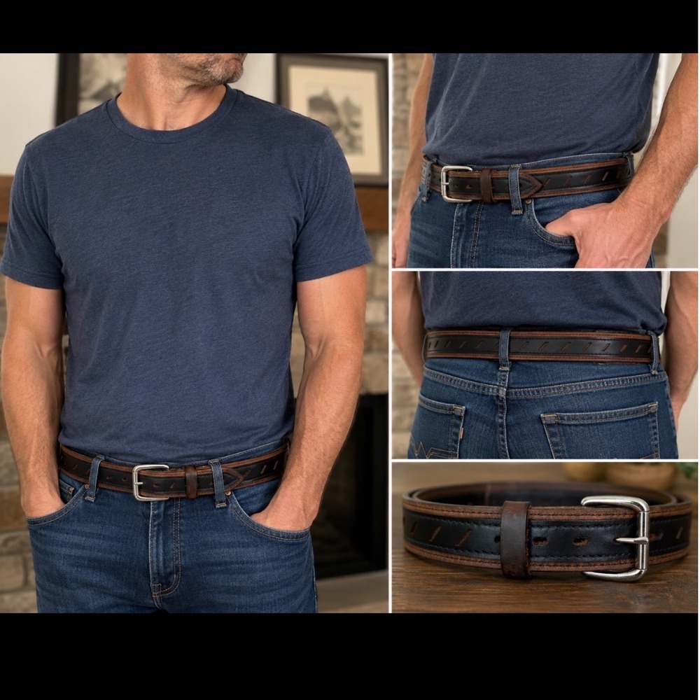 Versacarry Men Double Layer Leather Belt Black Brown TwoTone Size 42 Handcrafted